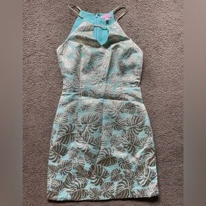 Lilly Pulitzer blue and silver palm keyhole dress
